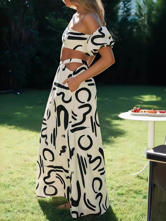 TEEK - Cropped Off-Shoulder Puff Sleeve Pocketed Long Skirt Set SET TEEK K