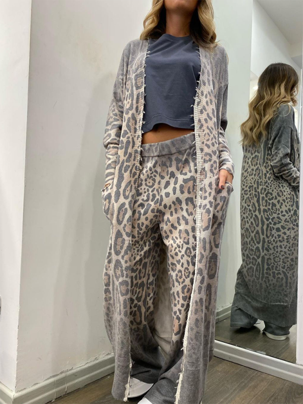 TEEK - Leopard Print Long Sleeved Cardigan Trousers 2pc Set SET TEEK K   