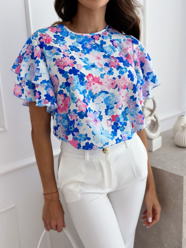 TEEK - Floral Ruffle Simple Short-Sleeve Top TOPS TEEK K