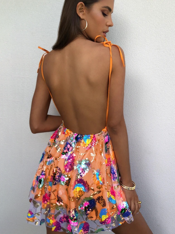 TEEK - Deep V Backless Sequin Floral Strappy Dress DRESS TEEK K