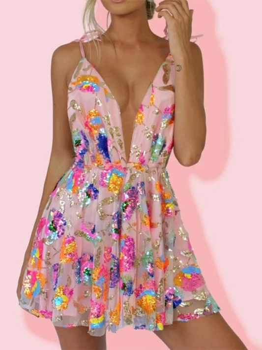 TEEK - Deep V Backless Sequin Floral Strappy Dress DRESS TEEK K Pink S 