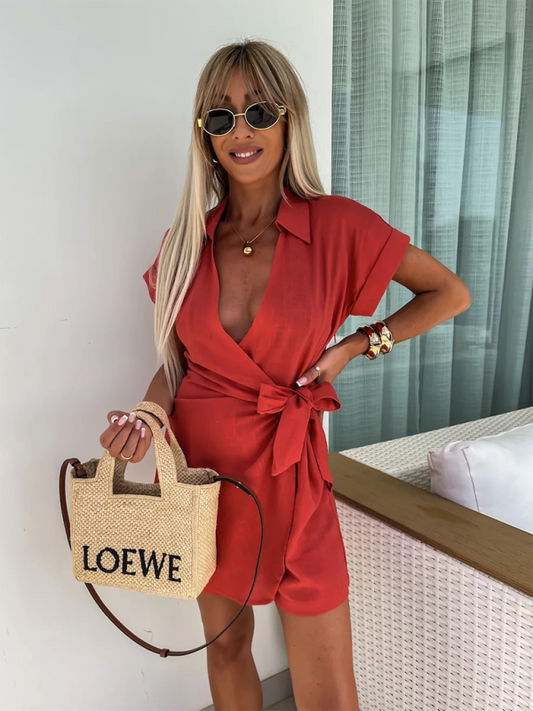 TEEK - Lapel Short Sleeve Waist Tie Romper JUMPSUIT TEEK K Red S