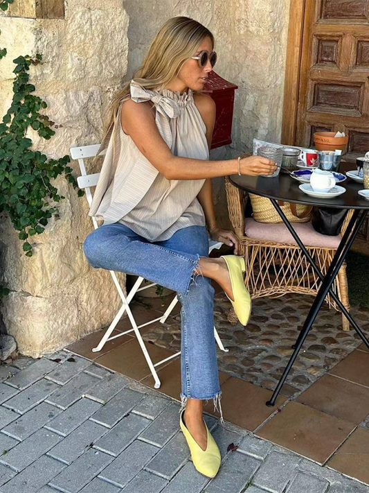 TEEK - Ruched Ruffle Collar Sleeveless Striped Top TOPS TEEK K Cracker khaki S