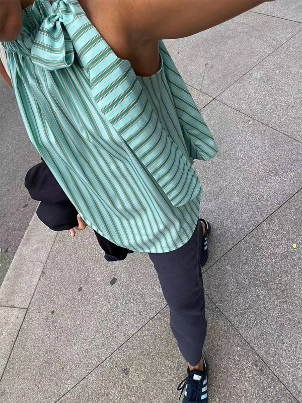 TEEK - Ruched Ruffle Collar Sleeveless Striped Top TOPS TEEK K