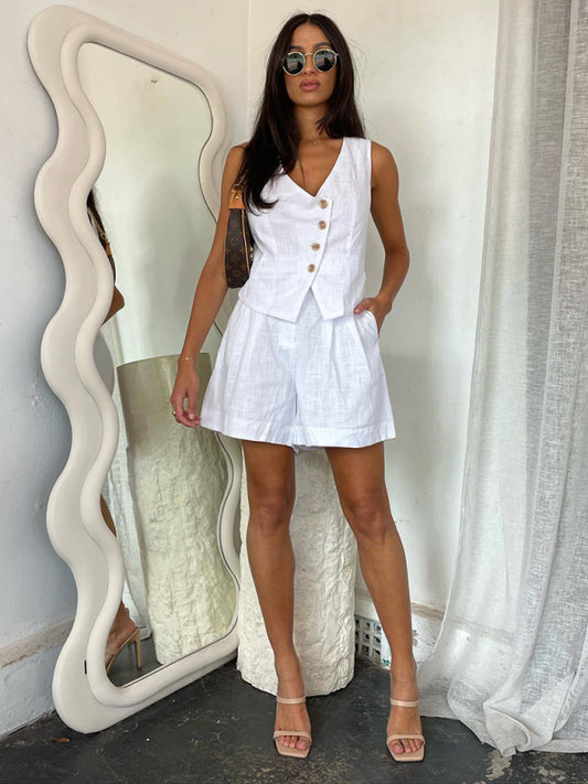 TEEK - Single-Breasted Vest V-Neck Shorts Set SET TEEK K White S