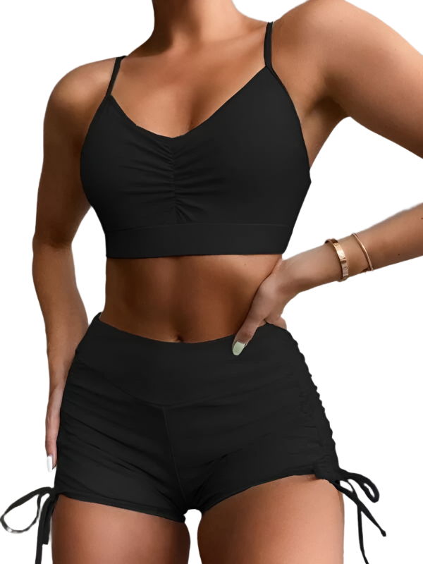 TEEK - Padded Chest Gathered High Waist Covered Belly Bikini SWIMWEAR TEEK K Black S