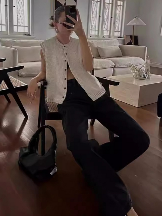 TEEK - Knitted Single-Breasted Knitted Cardigan Sleeveless Top TOPS TEEK K