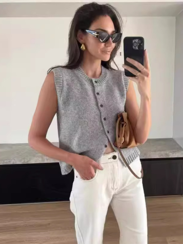 TEEK - Knitted Single-Breasted Knitted Cardigan Sleeveless Top TOPS TEEK K