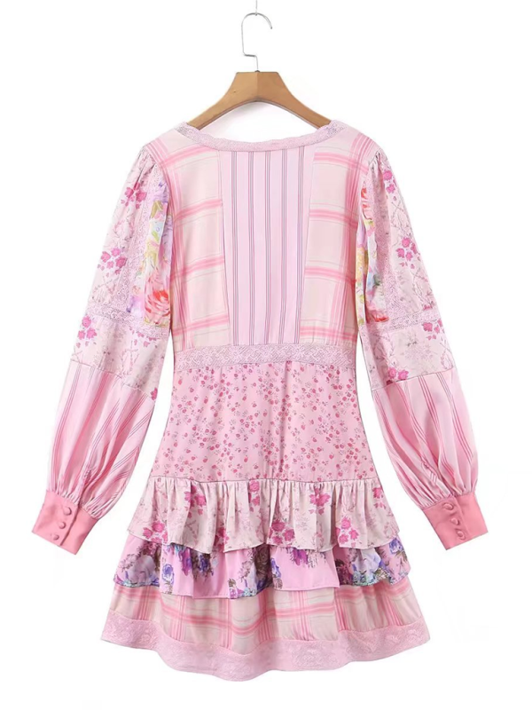 TEEK - Pink Patchwork Lace Stitched Long Sleeve Dress DRESS TEEK K