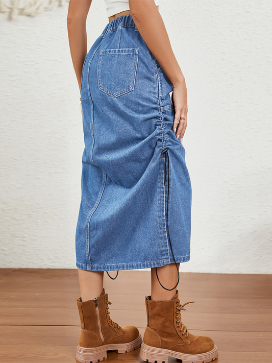 TEEK - Blue Washed Elastic Waist Drawstring Denim Skirt SKIRT TEEK K