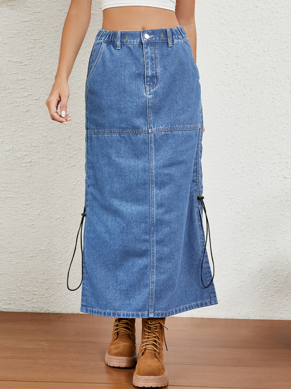TEEK - Blue Washed Elastic Waist Drawstring Denim Skirt SKIRT TEEK K
