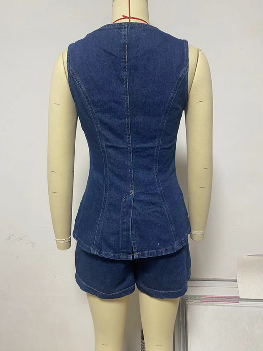 TEEK - Sleeveless Top High Waist Denim Shorts Set SET TEEK K