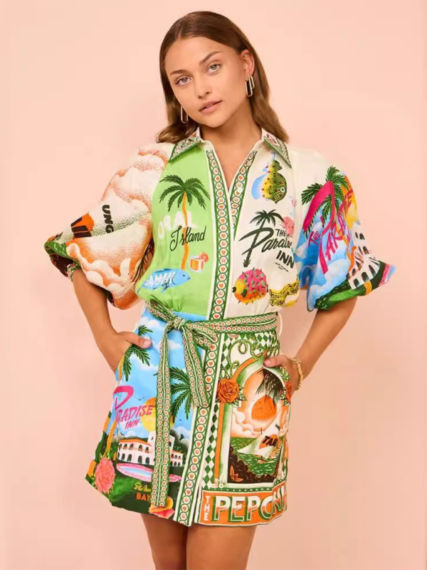 TEEK - Green Paradise Inn Belted Cardigan Shirt Dress DRESS TEEK K