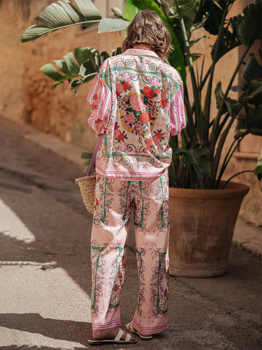 TEEK - Pink Long-Sleeved Loose Printed Pocketed Two-Piece Suit SET TEEK K