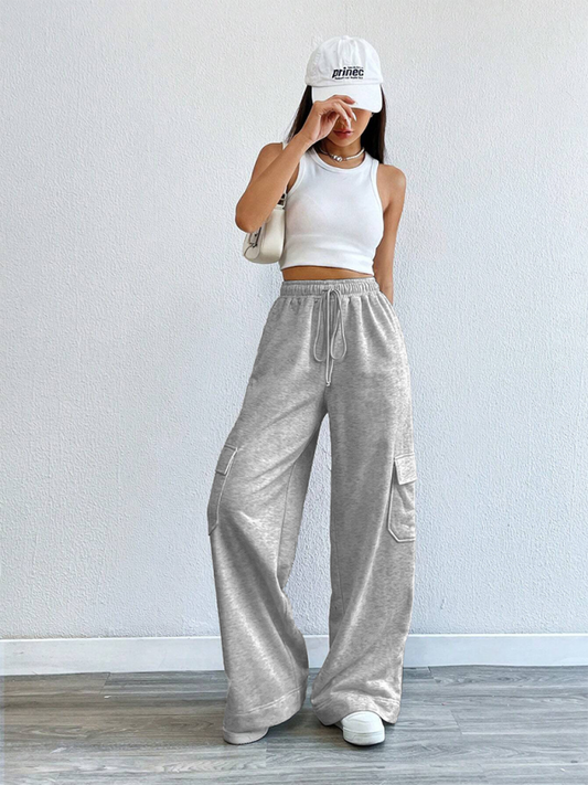 TEEK - Grey Workwear Wide Leg High-Waist Pocketed Pants PANTS TEEK K