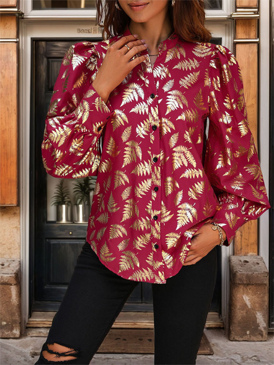 TEEK - Wine Red Shimmer Plant Buttoned Blouse TOPS TEEK K S