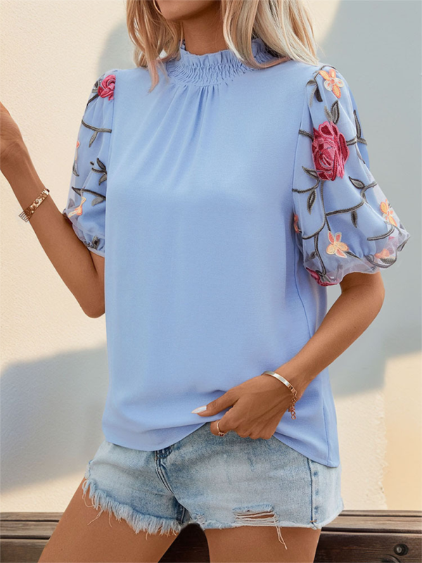 TEEK - Embroidered Flloral Blue Short-Sleeved Top TOPS TEEK K