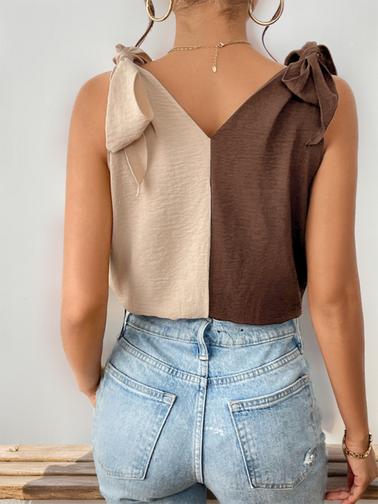 TEEK - Contrast Color Tied Shoulder V-Neck Tank Bodysuit TOPS TEEK K