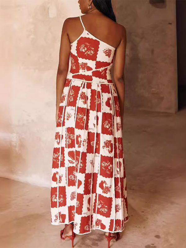 TEEK - Red One-Shoulder Sling Positioned Print Dress DRESS TEEK K
