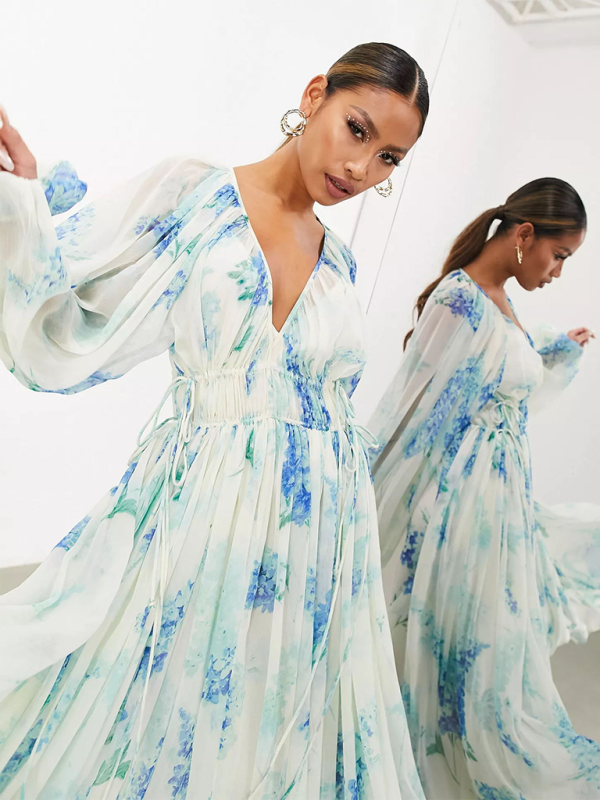 TEEK - Blue Deep V Pleated Pulled Waist Balloon Long-Sleeved Floral Dress DRESS TEEK K