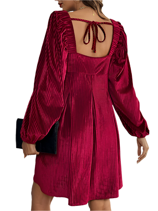 TEEK - Wine Red Velvet Square Neck Pocketed Backless Dresses DRESS TEEK K