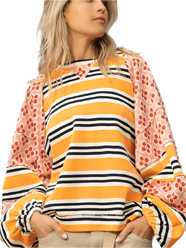 TEEK - Mixed Media Striped Loose Long Sleeve Sweatshirt TOPS TEEK K