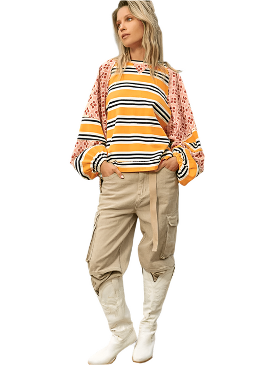 TEEK - Mixed Media Striped Loose Long Sleeve Sweatshirt TOPS TEEK K Yellow S
