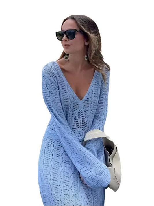 TEEK - Blue Long Sleeve Long Knit Dress DRESS TEEK K S