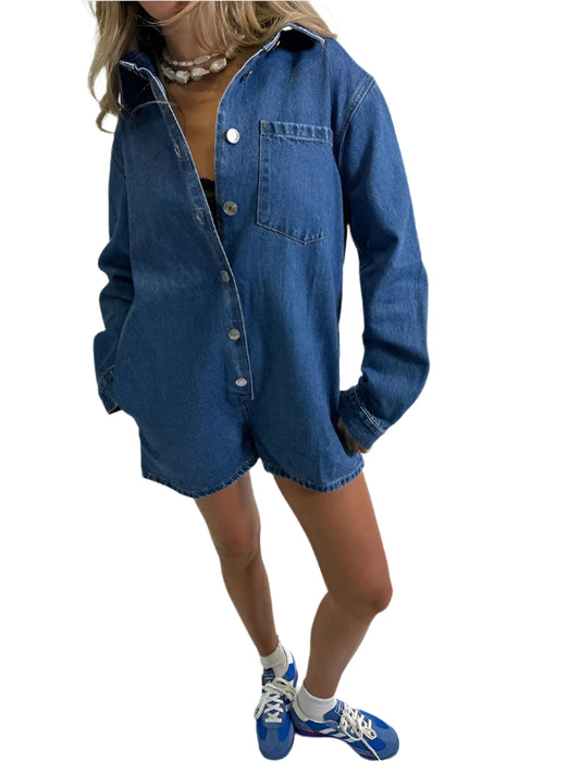 TEEK - Lapel Long Sleeve Shorts Denim Romper JUMPSUIT TEEK K Purplish Blue Navy S
