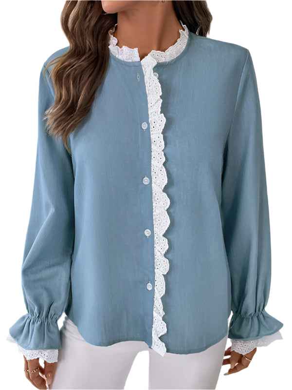 TEEK - Blue Long Sleeve Lace Trim Shirt TOPS TEEK K