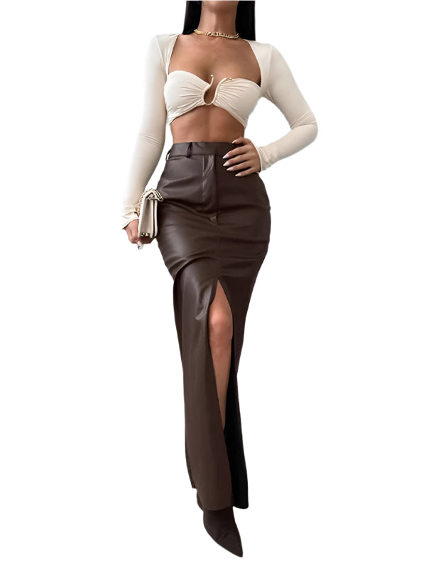 TEEK - Slit High Waist Simple Leather Slim Skirt SKIRT TEEK K