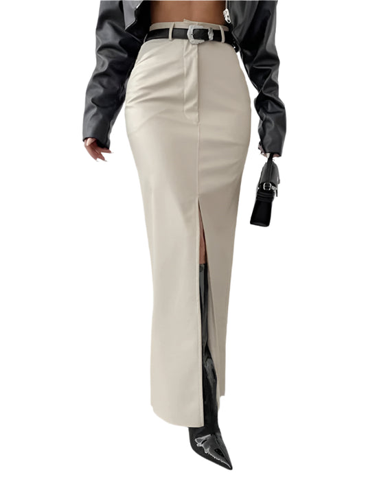 TEEK - Slit High Waist Simple Leather Slim Skirt SKIRT TEEK K White S