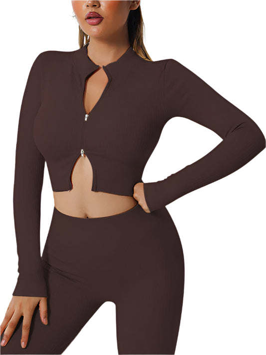 TEEK - Fitness Double Zip Long Sleeve Top TOPS TEEK K Brown S
