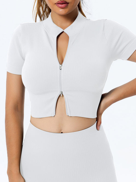 TEEK - Fitness Sports Doube Zip Short Sleeve Top TOPS TEEK K White S