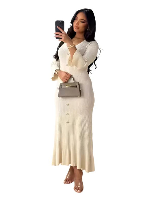 TEEK - Long Slim Fit Knitted Long-Sleeved Dress DRESS TEEK K White S