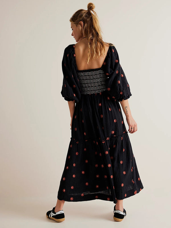 TEEK - Black Embroidered Square Neck Sunflowers Dress DRESS TEEK K