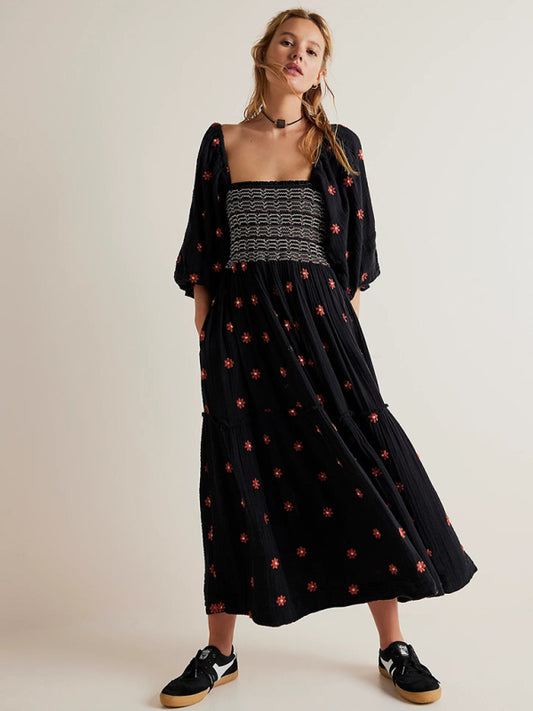 TEEK - Black Embroidered Square Neck Sunflowers Dress DRESS TEEK K S