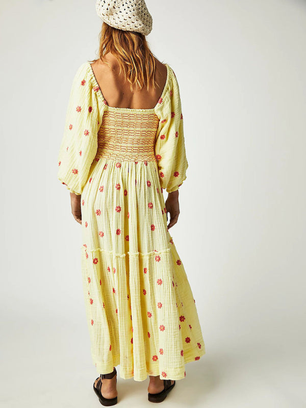 TEEK - Embroidered Square Neck Sunflower Light Yellow Dress DRESS TEEK K