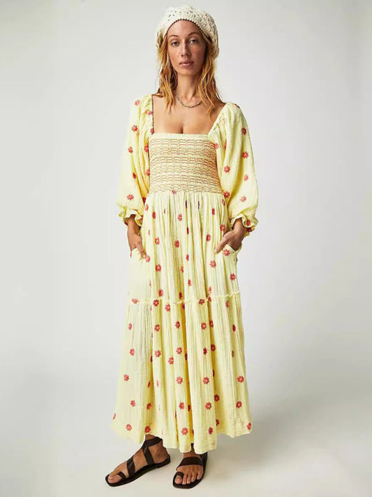 TEEK - Embroidered Square Neck Sunflower Light Yellow Dress DRESS TEEK K S