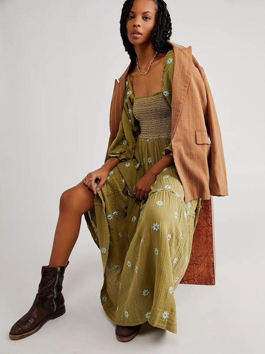 TEEK - Embroidered Square Neck Sunflower Green Dress DRESS TEEK K S