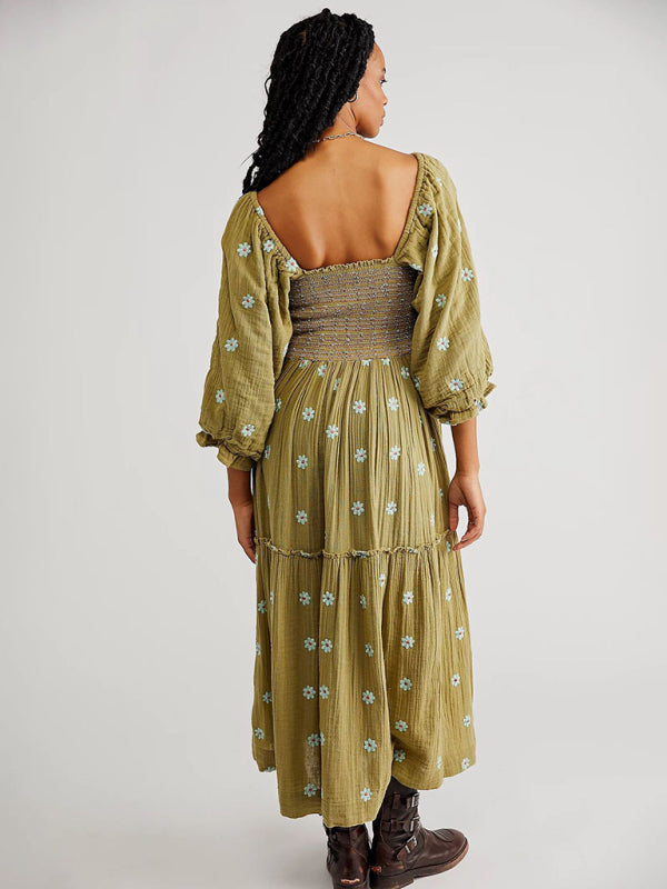 TEEK - Embroidered Square Neck Sunflower Green Dress DRESS TEEK K