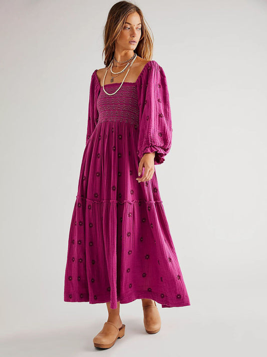 TEEK - Embroidered Square Neck Sunflower Rose Red Dress DRESS TEEK K