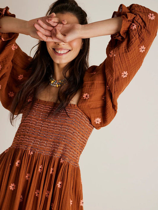 TEEK - Embroidered Square Neck Sunflower Brown Dress DRESS TEEK K