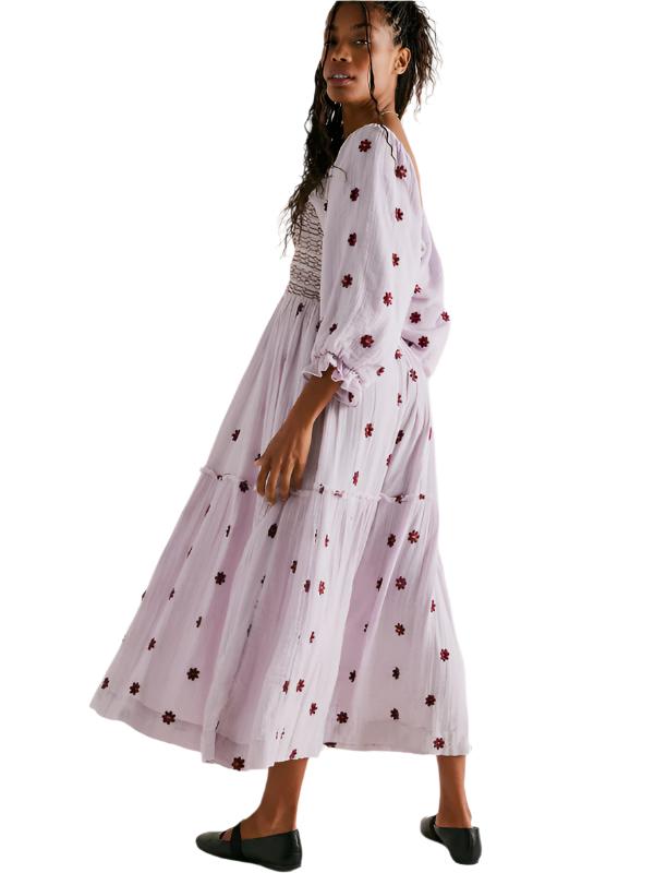 TEEK - Embroidered Square Neck Sunflower Light Purple Dress DRESS TEEK K