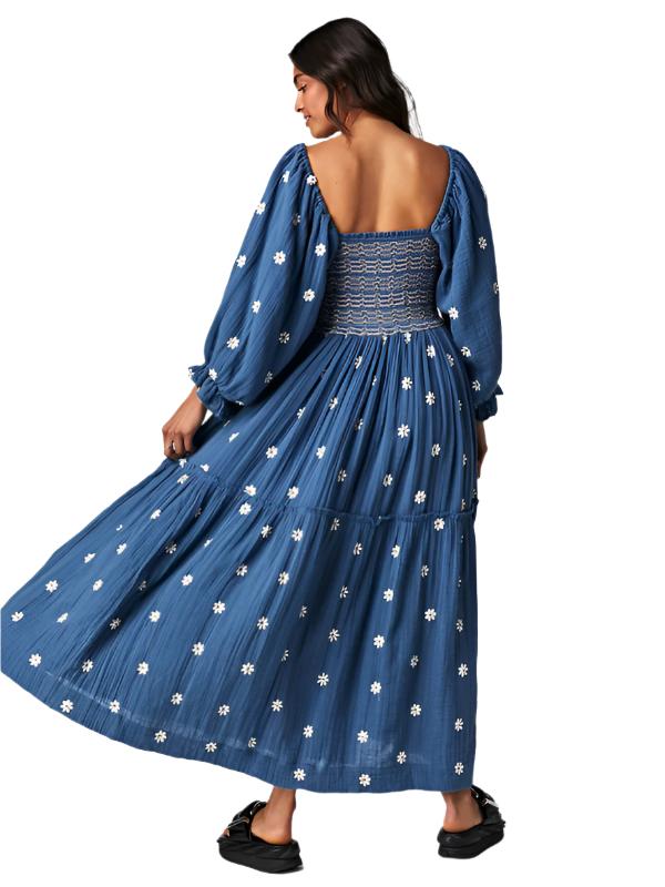 TEEK - Embroidered Square Neck White Sunflower Dark Blue Dress DRESS TEEK K