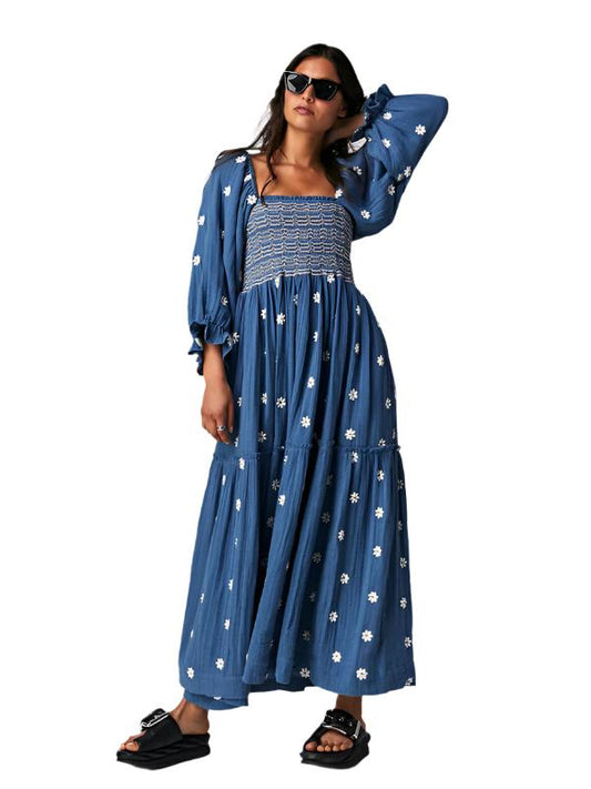 TEEK - Embroidered Square Neck White Sunflower Dark Blue Dress DRESS TEEK K