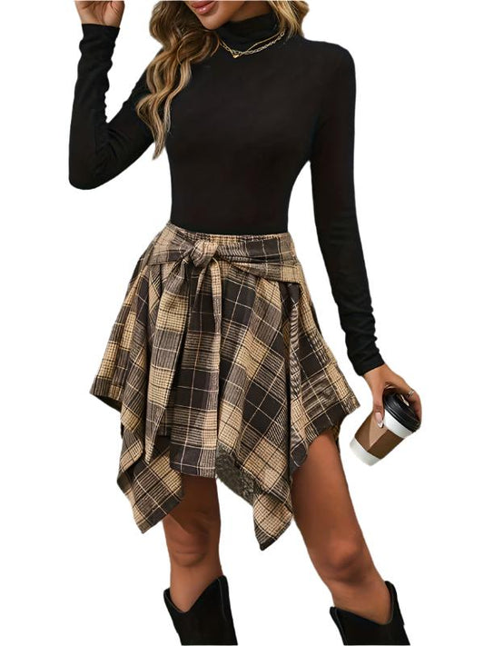 TEEK - Irregular Plaid Fake Sleeve Shirt Skirt SKIRT TEEK K Khaki S
