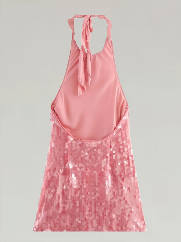 TEEK - Sequin Halter Sleeveless Backless Pink Dress DRESS TEEK K