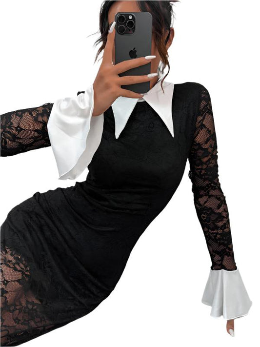 TEEK - Lace Stitching Black White Contrast Slim Dress DRESS TEEK K