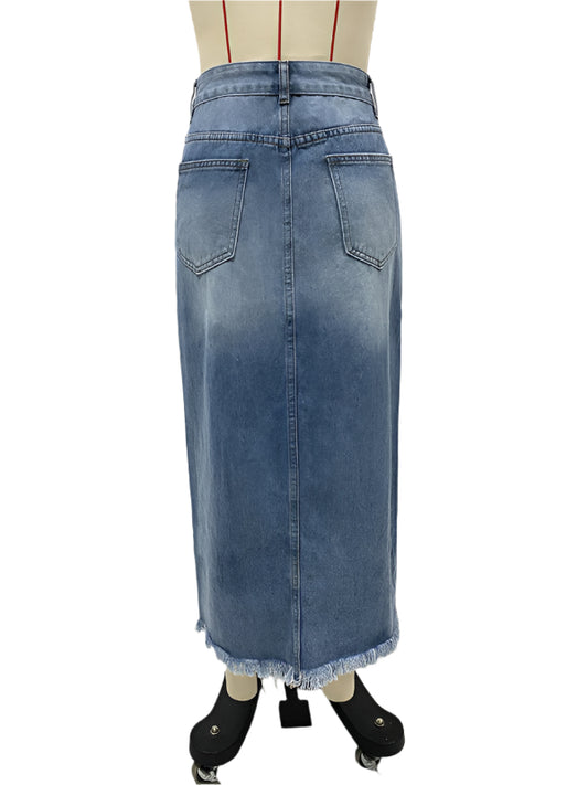 TEEK - High Waist Open Wedge Raw Edge Denim Skirt SKIRT TEEK K